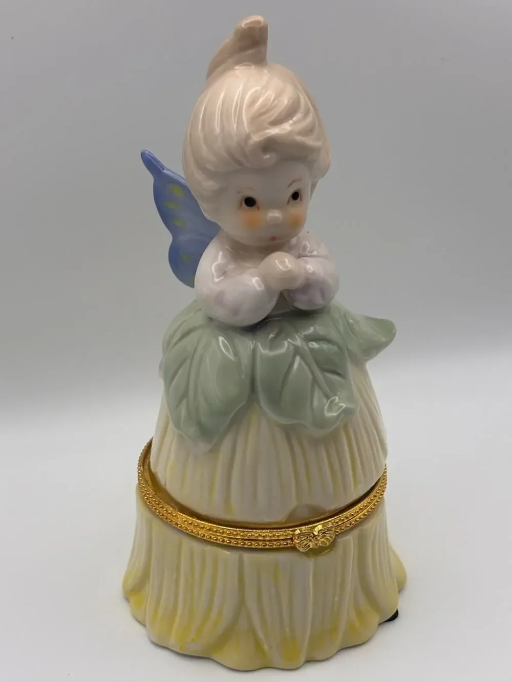 Vintage Porcelain Pixie or Fairy Hinged Trinket Box in Petal-Shaped Dress